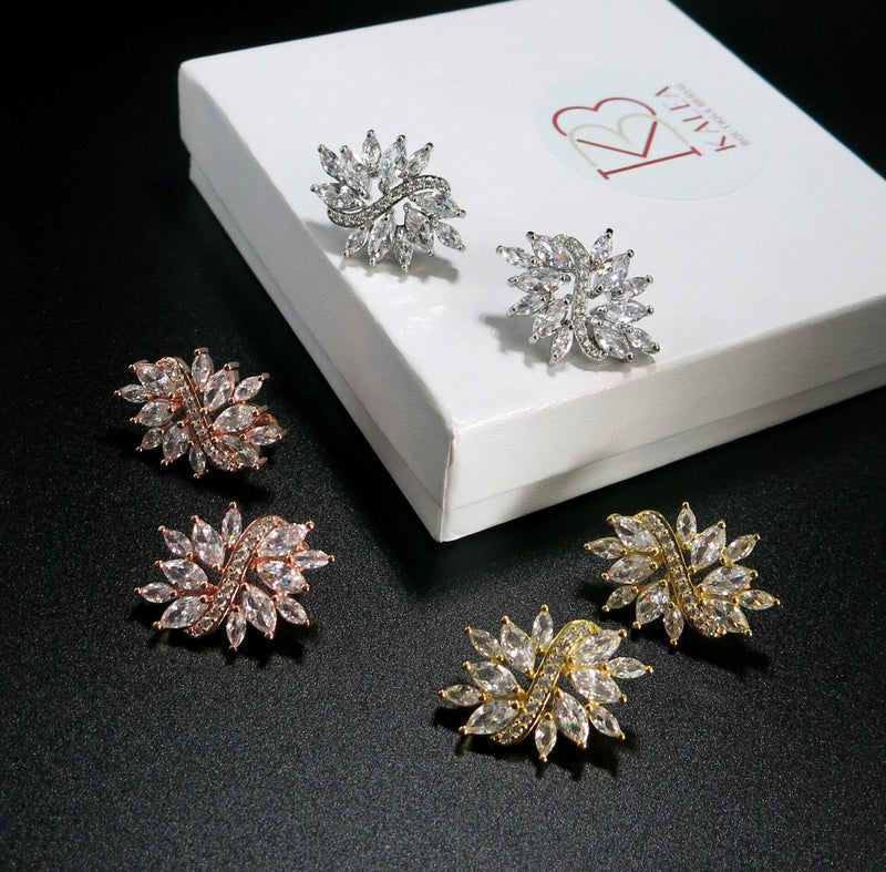Crystal Cluster Large Floral Earrings, Bridal Crystal Leaf Ear Studs, Oversize CZ Diamond 14K Gold Plated Earrrings - KaleaBoutique.com