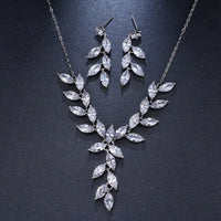 Crystal Leaf Bridal 3 PC Y-Necklace and Earrings Set, Gem Leaf Necklace Set, CZ Diamond Crystal Jewelry Set - KaleaBoutique.com