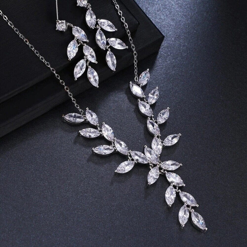 Crystal Leaf Bridal 3 PC Y-Necklace and Earrings Set, Gem Leaf Necklace Set, CZ Diamond Crystal Jewelry Set - KaleaBoutique.com