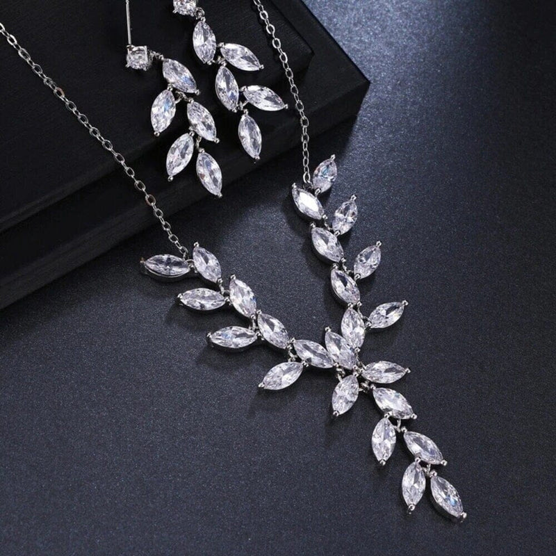 Crystal Leaf Bridal 3 PC Y-Necklace and Earrings Set, Gem Leaf Necklace Set, Diamond Gem Crystal Necklace, CZ Wedding Jewelry Set for Bride - KaleaBoutique.com