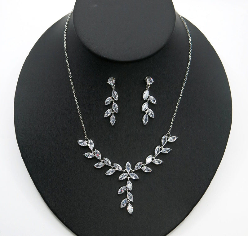 Crystal Leaf Bridal 3 PC Y-Necklace and Earrings Set, Gem Leaf Necklace Set, CZ Diamond Crystal Jewelry Set - KaleaBoutique.com