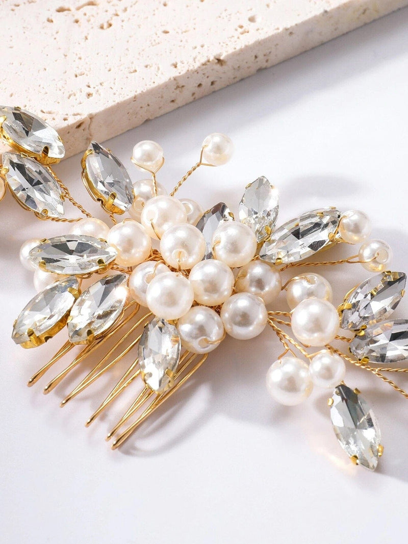 Crystal Leaf Bridal Pearl Hair Comb, Wedding Rhinestone Leaf Hairpin, Bridal Pearl Decorative Prom Hair Comb - KaleaBoutique.com