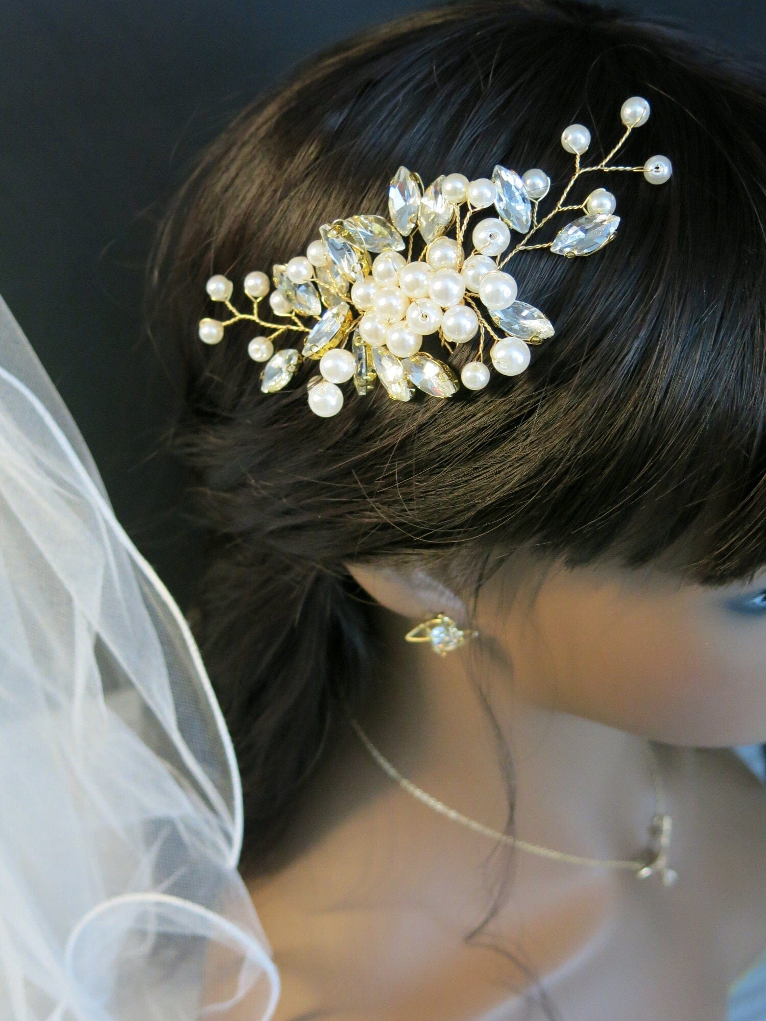 Bendable Pearl Crystal Hair Comb Leaf Wedding Hairpiece Whimsical pearl bridal headband - Pearl burst and silk  main image 3