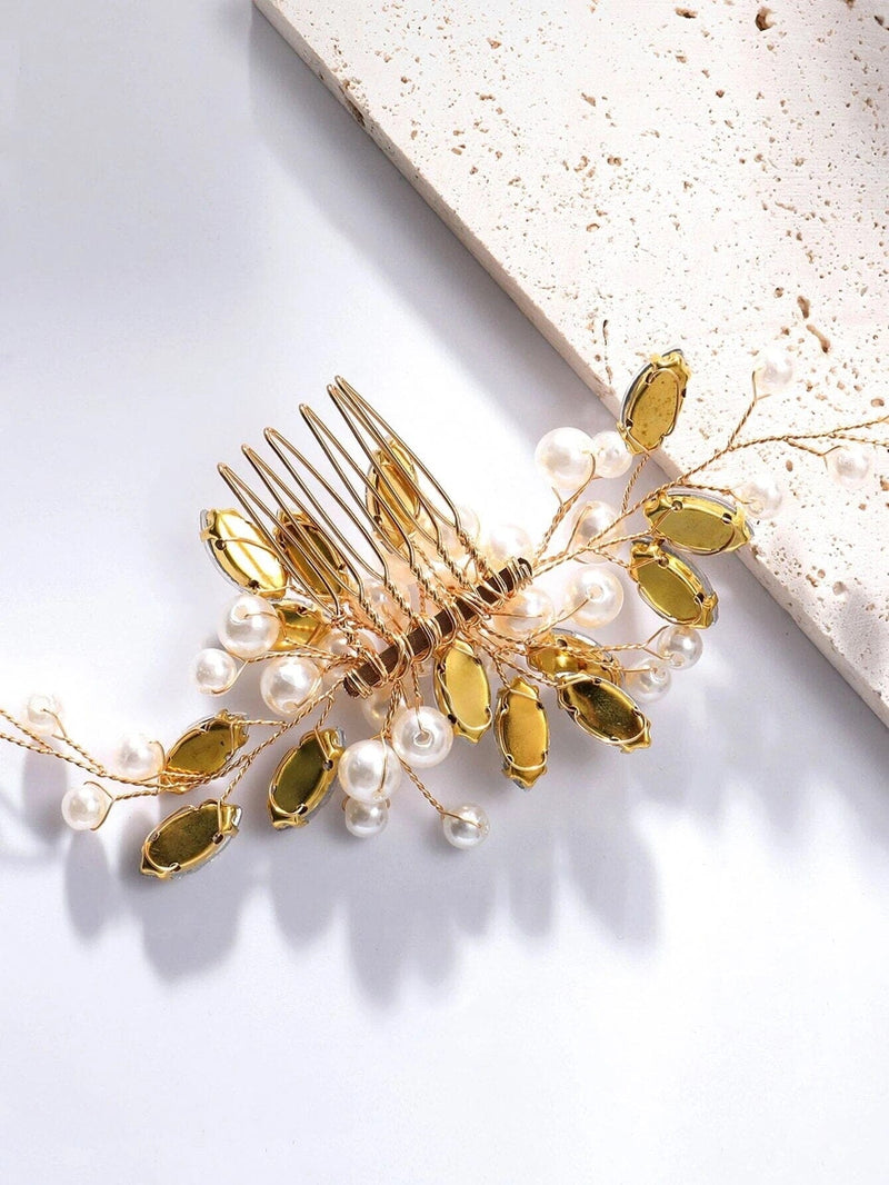 Crystal Leaf Bridal Hair Comb, Wedding Rhinestone Leaf Pearl Hairpin, Bridal Pearl Gold Wire Headpiece Hair Comb, Hand Wired Pearl Hairpiece - KaleaBoutique.com