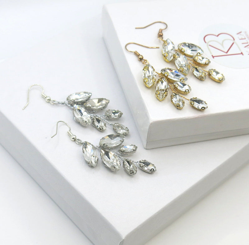 Crystal Leaf Earrings, Bridal Gem Leaf Earrings, Rhinestone Earrings, Bridesmaid Crystal Earrings, Wedding Gold Silver Wire Dangle Earrings - KaleaBoutique.com