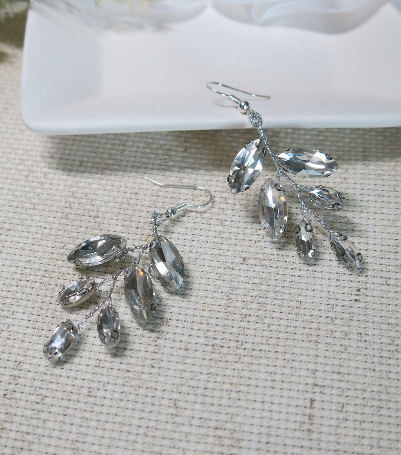 Crystal Leaf Earrings, Bridal Gem Leaf Earrings, Rhinestone Earrings, Bridesmaid Crystal Earrings, Wedding Gold Silver Wire Dangle Earrings - KaleaBoutique.com