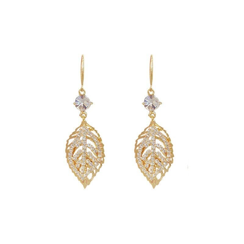 Crystal Gold Leaf Earrings, Bridal Minimalist Wedding CZ Leaf Earrings, Double Layer Leaf Earrings - KaleaBoutique.com