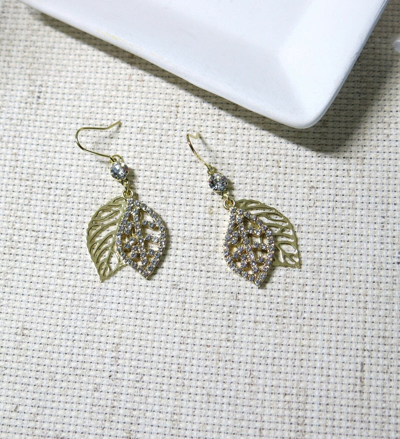 Crystal Gold Leaf Earrings, Bridal Minimalist Wedding CZ Leaf Earrings, Double Layer Leaf Earrings - KaleaBoutique.com