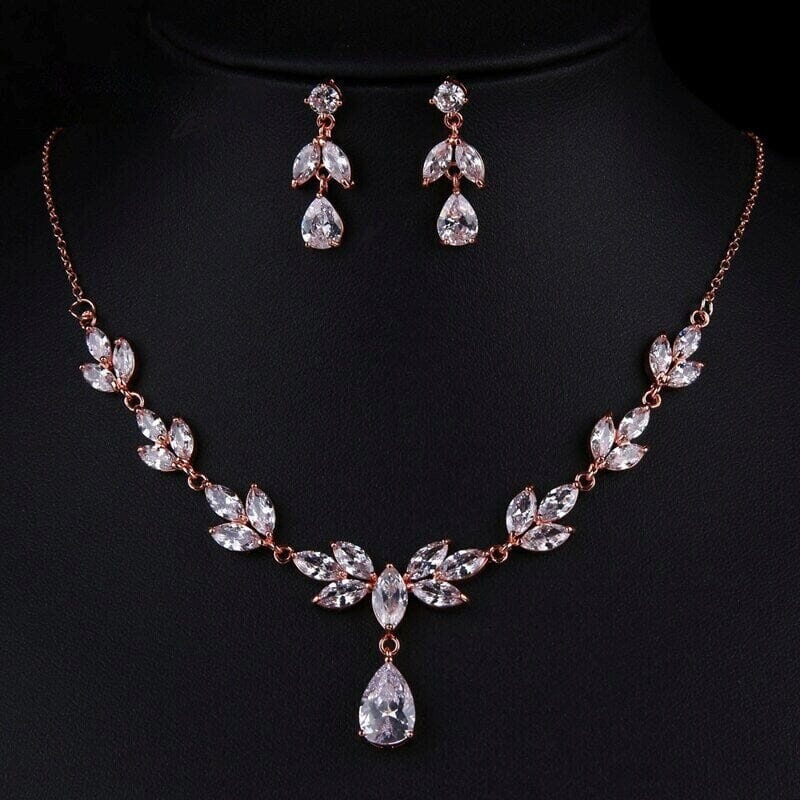 Crystal Necklace Bridal 3 PC Jewelry Set, Rose Gold Plated Diamond Necklace Set, CZ Diamond Wedding Necklace and Earrings Jewelry Set - KaleaBoutique.com