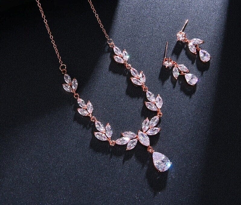 Crystal Necklace 3 PC Bridal Jewelry Set, Rose Gold Plated CZ Diamond Necklace Set, Wedding Crystal Jewelry Set for Bride - KaleaBoutique.com