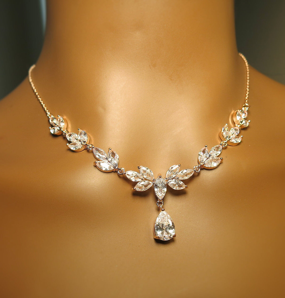 Crystal Necklace 3 PC Bridal Jewelry Set, Rose Gold Plated CZ Diamond Necklace Set, Wedding Crystal Jewelry Set for Bride - KaleaBoutique.com