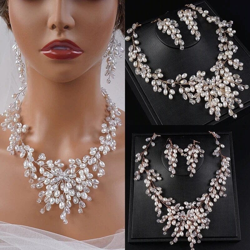 Crystal Pearl Bridal Necklace and Earrings 3PC Jewelry Set, Wedding Pearl Wire Necklace Set, Large Bridal Floral Wedding Wire Necklace Set - KaleaBoutique.com