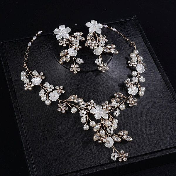 Pearl Flower Bridal 3 PC Jewelry Set, Wedding Floral Necklace and Earrings Jewelry, Crystal Flower Wedding Necklace Set - KaleaBoutique.com