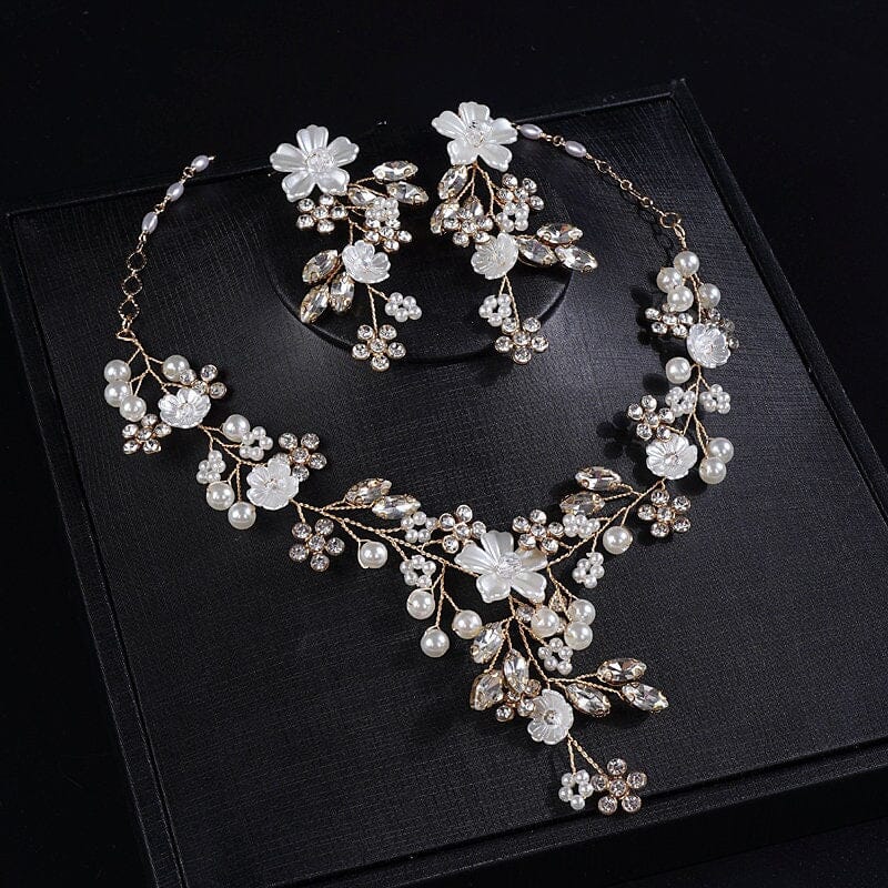 Crystal Pearl Necklace Bridal Jewelry Set, Wedding Jewelry Silver 3 PC Flower Necklace Set, Bridal Necklace, Floral Gold Wedding Necklace - KaleaBoutique.com