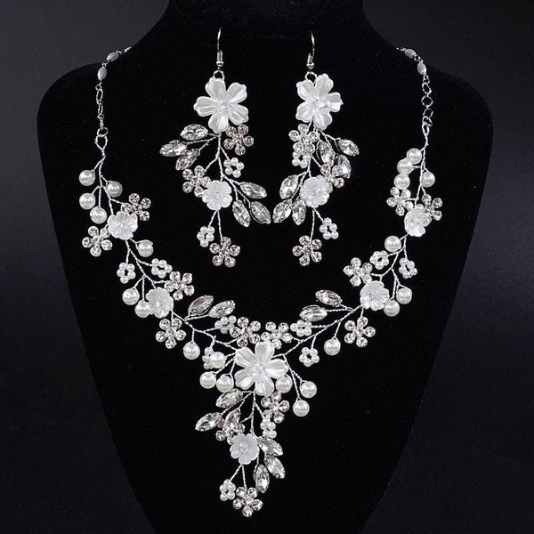 Pearl Flower Bridal 3 PC Jewelry Set, Wedding Floral Necklace and Earrings Jewelry, Crystal Flower Wedding Necklace Set - KaleaBoutique.com