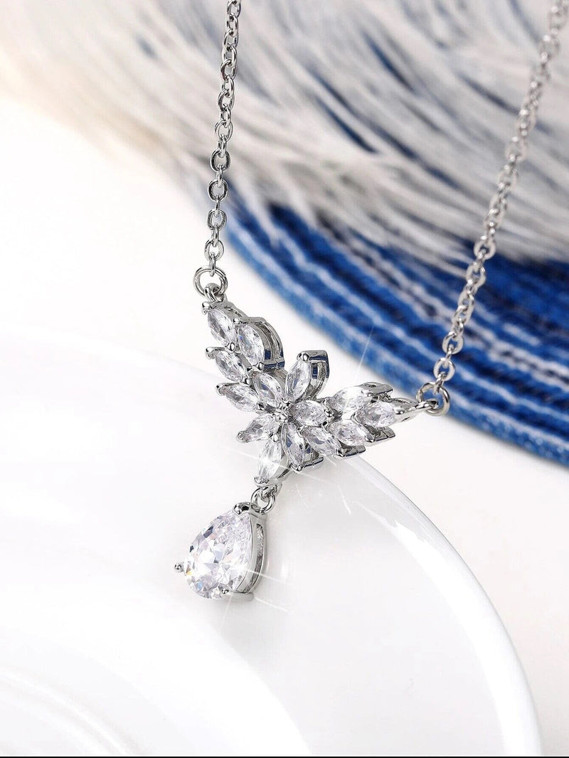 Crystal Silver Necklace, CZ Gem Minimalist Wedding Necklace, Diamond Accent Chain Necklace for Bride - KaleaBoutique.com