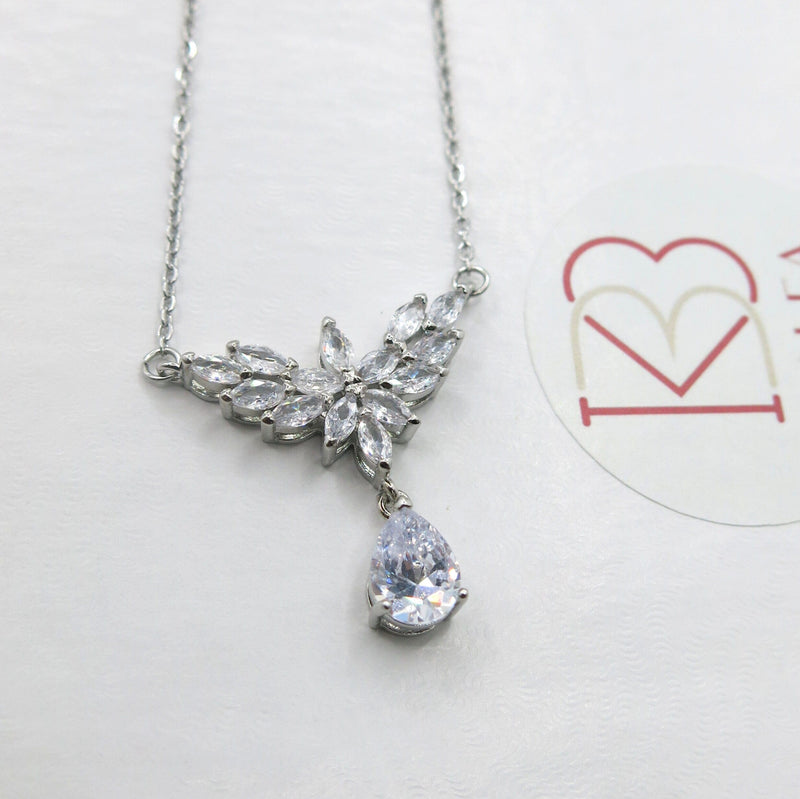 Crystal Silver Necklace, CZ Gem Minimalist Wedding Necklace, Diamond Accent Chain Necklace for Bride - KaleaBoutique.com