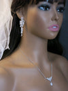 Crystal Silver Necklace, CZ Gem Minimalist Necklace, Diamond Accent Chain Necklace, Bridal Crystal Leaf Necklace or CZ Gem Dangle Earrings - KaleaBoutique.com