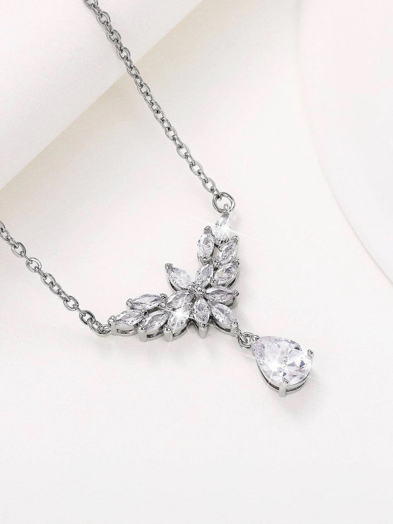 Crystal Silver Necklace, CZ Gem Minimalist Wedding Necklace, Diamond Accent Chain Necklace for Bride - KaleaBoutique.com