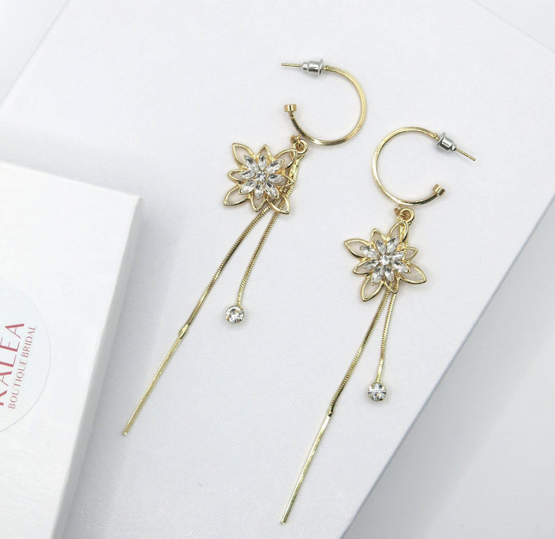 Crystal Star Charm Earring Hoops, Double Gold Chain Dangle Earrings, Gold Star Wedding Hooped Studs, Bridal Bridesmaid Hooped Star Earrings - KaleaBoutique.com