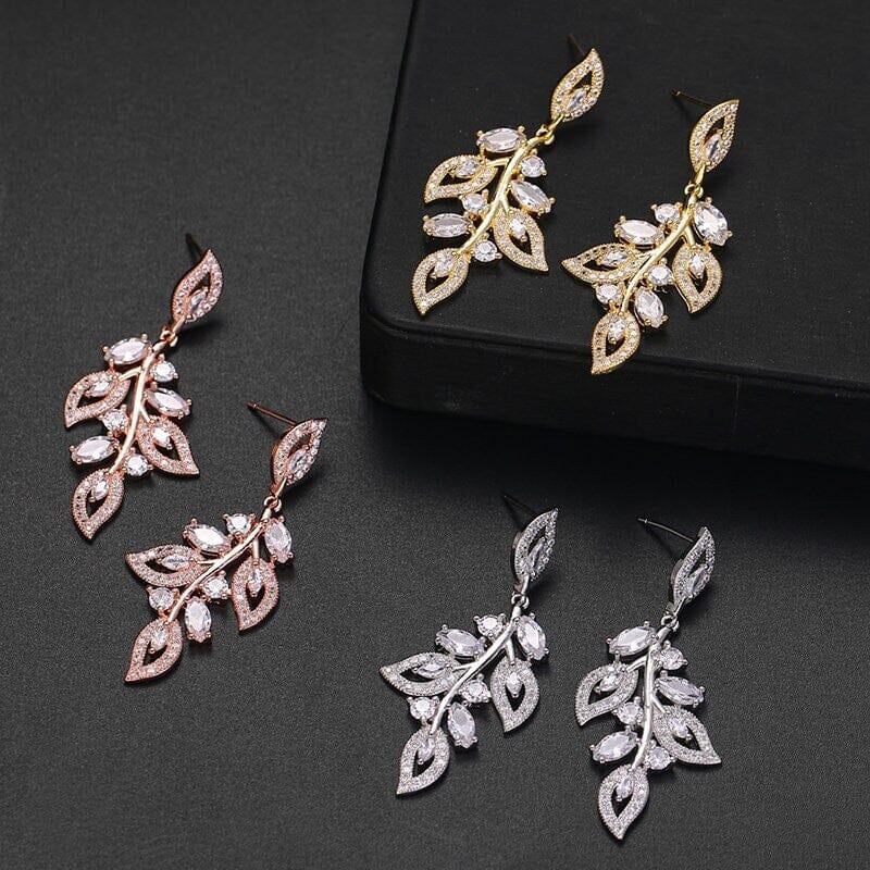 Crystal Studded Leaf Bridal Earrings, CZ Diamond Gemstone Leaf Studs, Wedding Diamond Leaf Stud Earrings, 14K Gold Plated Bridesmaid Studs - KaleaBoutique.com