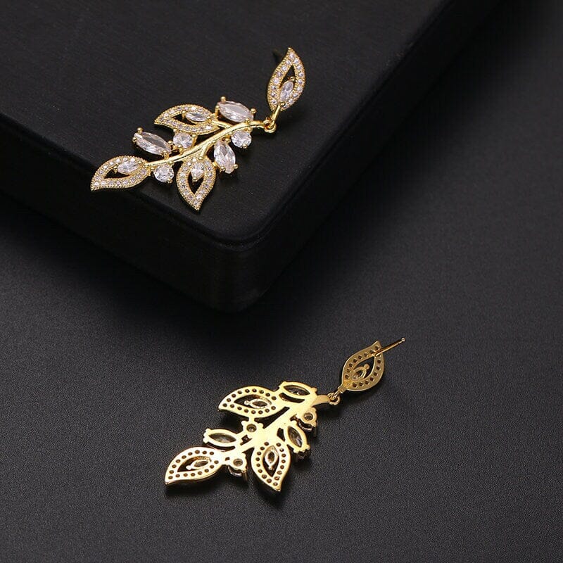 Crystal Studded Leaf Bridal Earrings, CZ Diamond Gemstone Leaf Studs, Wedding Diamond Leaf Stud Earrings, 14K Gold Plated Bridesmaid Studs - KaleaBoutique.com