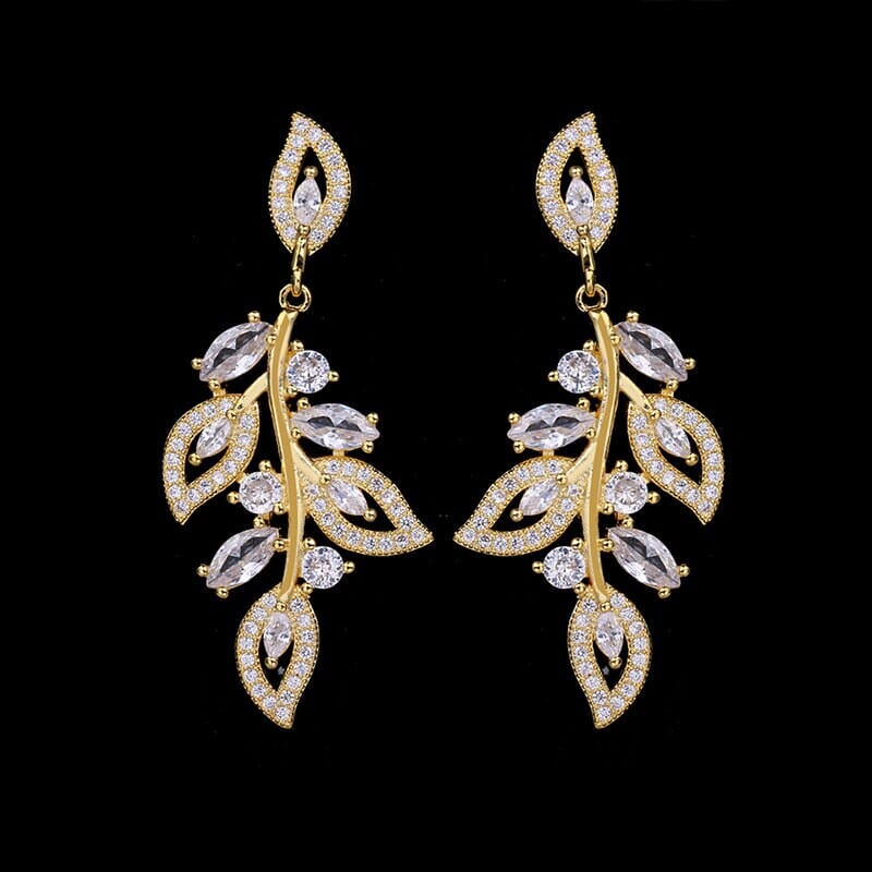 Crystal Studded Leaf Bridal Earrings, CZ Diamond Gemstone Leaf Studs, Wedding Diamond Leaf Stud Earrings, 14K Gold Plated Bridesmaid Studs - KaleaBoutique.com