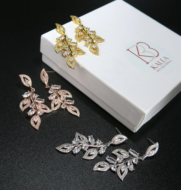 Crystal Studded Leaf Bridal Earrings, CZ Diamond Gemstone Leaf Studs, Wedding Diamond Leaf Stud Earrings, 14K Gold Plated Bridesmaid Studs - KaleaBoutique.com