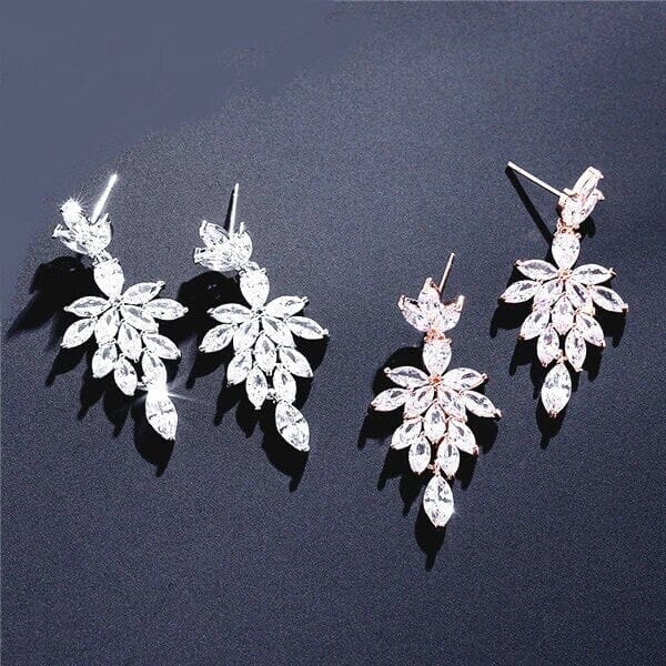 Crystal Tassel Leaf Earrings, 14K Gold Plated CZ Diamond Earrings, Floral Wedding Dangle Earrings for Brides - KaleaBoutique.com