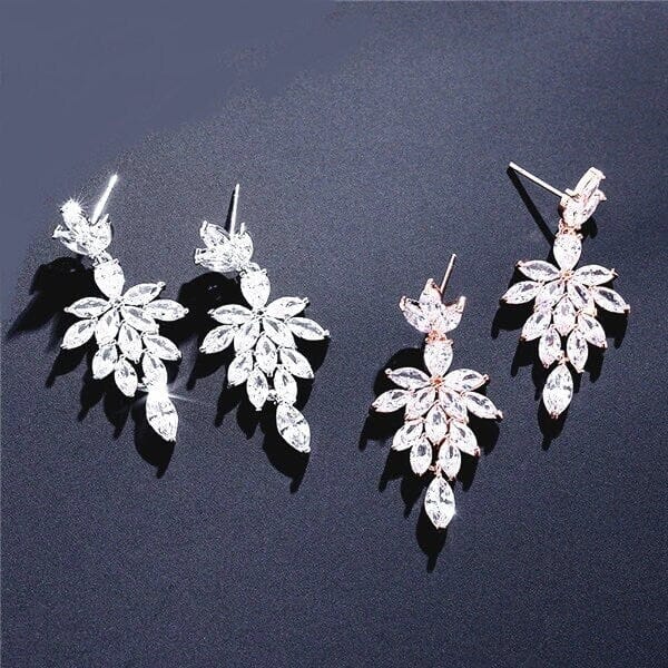 Crystal Tassel Leaf Earrings, 14K Gold Plated CZ Diamond Gem Earrings, Floral Wedding Studs, Bridal or Bridesmaid Flower Dangle Earrings - KaleaBoutique.com