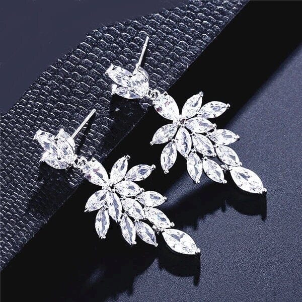 Crystal Tassel Leaf Earrings, 14K Gold Plated CZ Diamond Earrings, Floral Wedding Dangle Earrings for Brides - KaleaBoutique.com