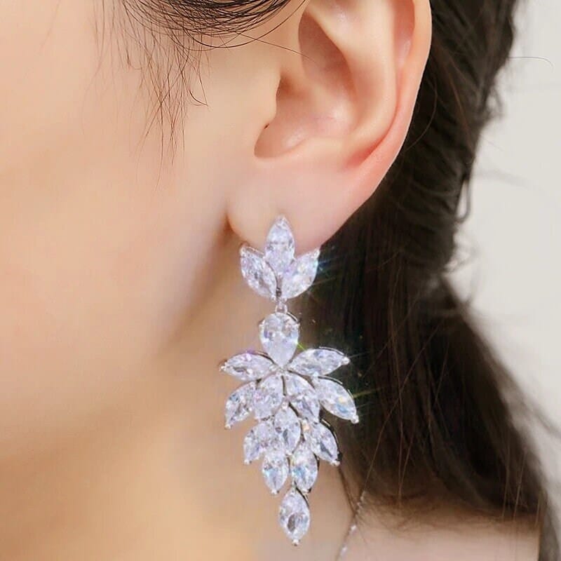 Crystal Tassel Leaf Earrings, 14K Gold Plated CZ Diamond Earrings, Floral Wedding Dangle Earrings for Brides - KaleaBoutique.com