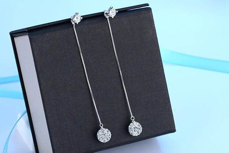 Chain Dangle Ear Jacket 2-in-1 Earrings, Bridal 925 Sterling Silver Post Earrings, Wedding CZ Diamond Ear Studs - KaleaBoutique.com