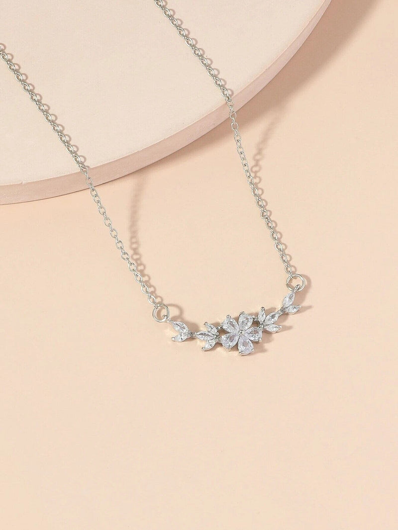 Crystal Flower CZ Charm Necklace, Wedding Flora 14K Gold Plated Necklace for Brides or Bridesmaids - KaleaBoutique.com