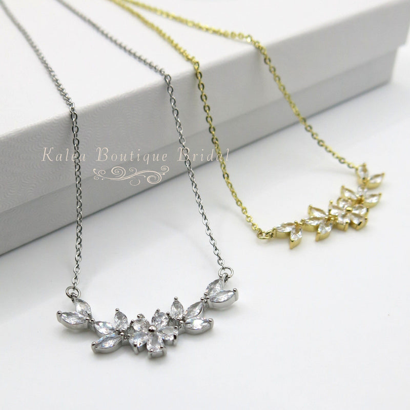 Crystal Flower CZ Charm Necklace, Wedding Flora 14K Gold Plated Necklace for Brides or Bridesmaids - KaleaBoutique.com