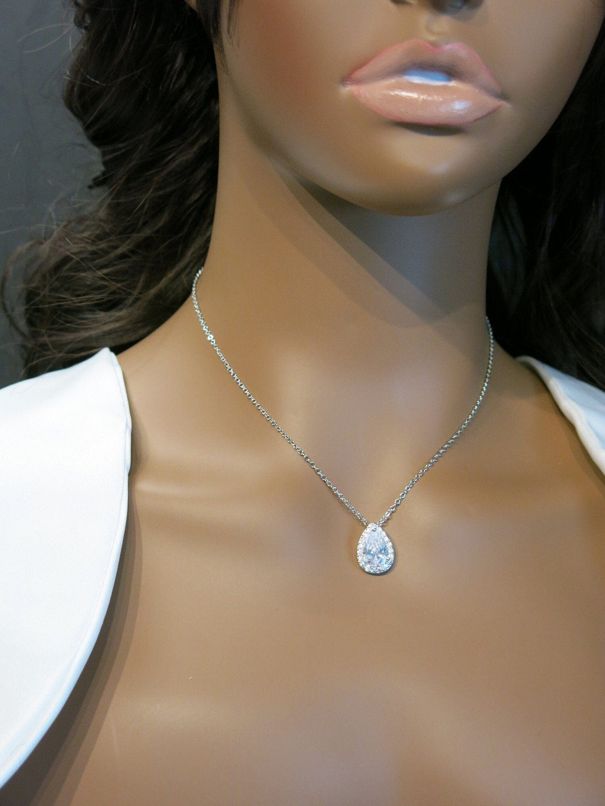 CZ Teardrop Crystal Chain Necklace, Bridesmaid CZ Gem Pendant Wedding Necklace, Bridal Crystal Necklace - KaleaBoutique.com