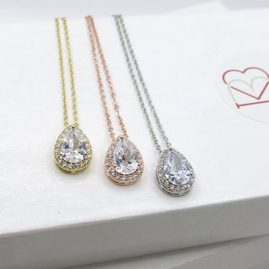 CZ Teardrop Crystal Chain Necklace, Bridesmaid CZ Gem Pendant Wedding Necklace, Bridal Crystal Necklace - KaleaBoutique.com