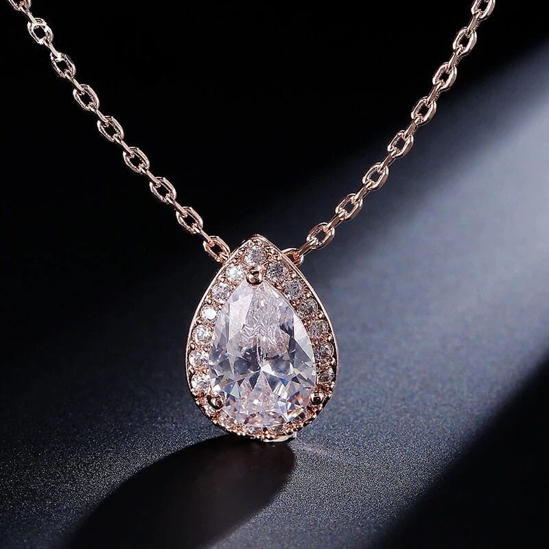 CZ Teardrop Crystal Chain Necklace, Bridesmaid CZ Gem Pendant Wedding Necklace, Bridal Crystal Necklace - KaleaBoutique.com