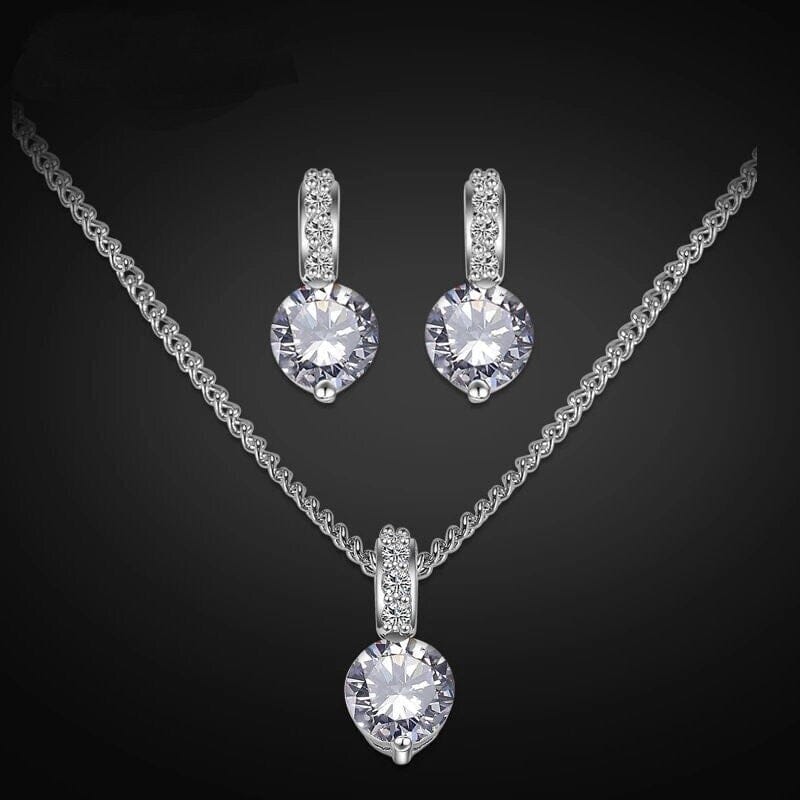 Cubic Zirconia CZ Clear Crystal Gemstone Studs Wedding Bridal Bridesmaid Round Cut Solitaire Dangle 3 PC Earrings and Necklace Jewelry Set - KaleaBoutique.com