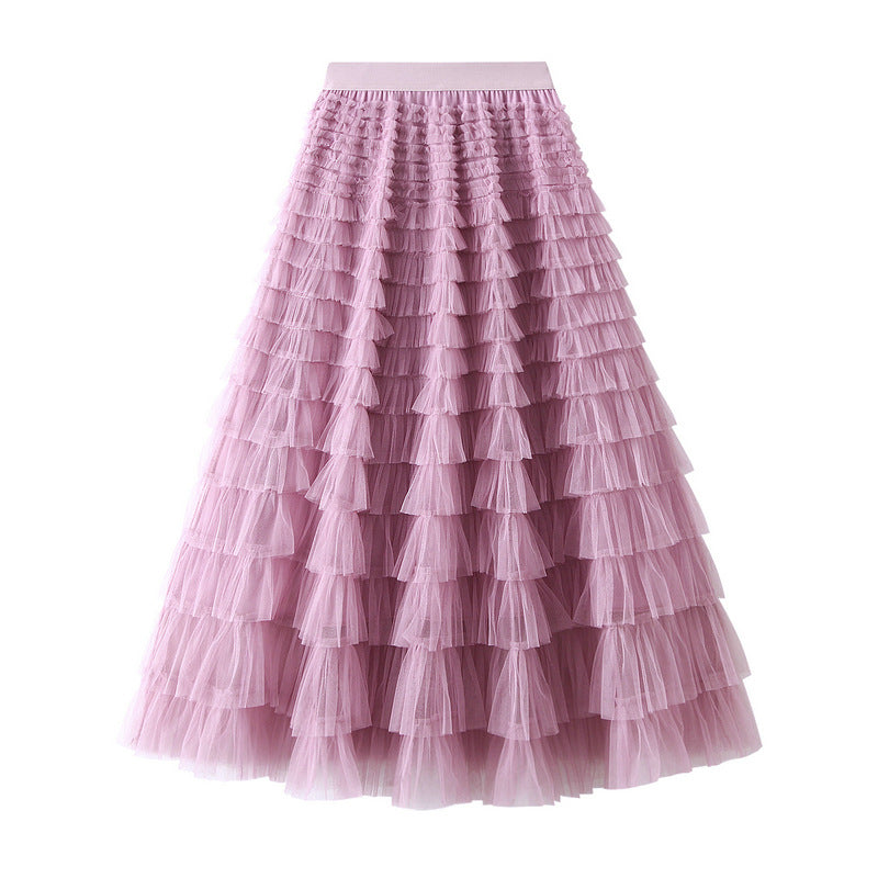 A-Line Mesh Ruffle Skirt Women's Temperament Sweet Long Skirt Slim Cupcake Dress Womens Clothing - KaleaBoutique.com