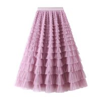 A-Line Mesh Ruffle Skirt Women's Temperament Sweet Long Skirt Slim Cupcake Dress Womens Clothing - KaleaBoutique.com