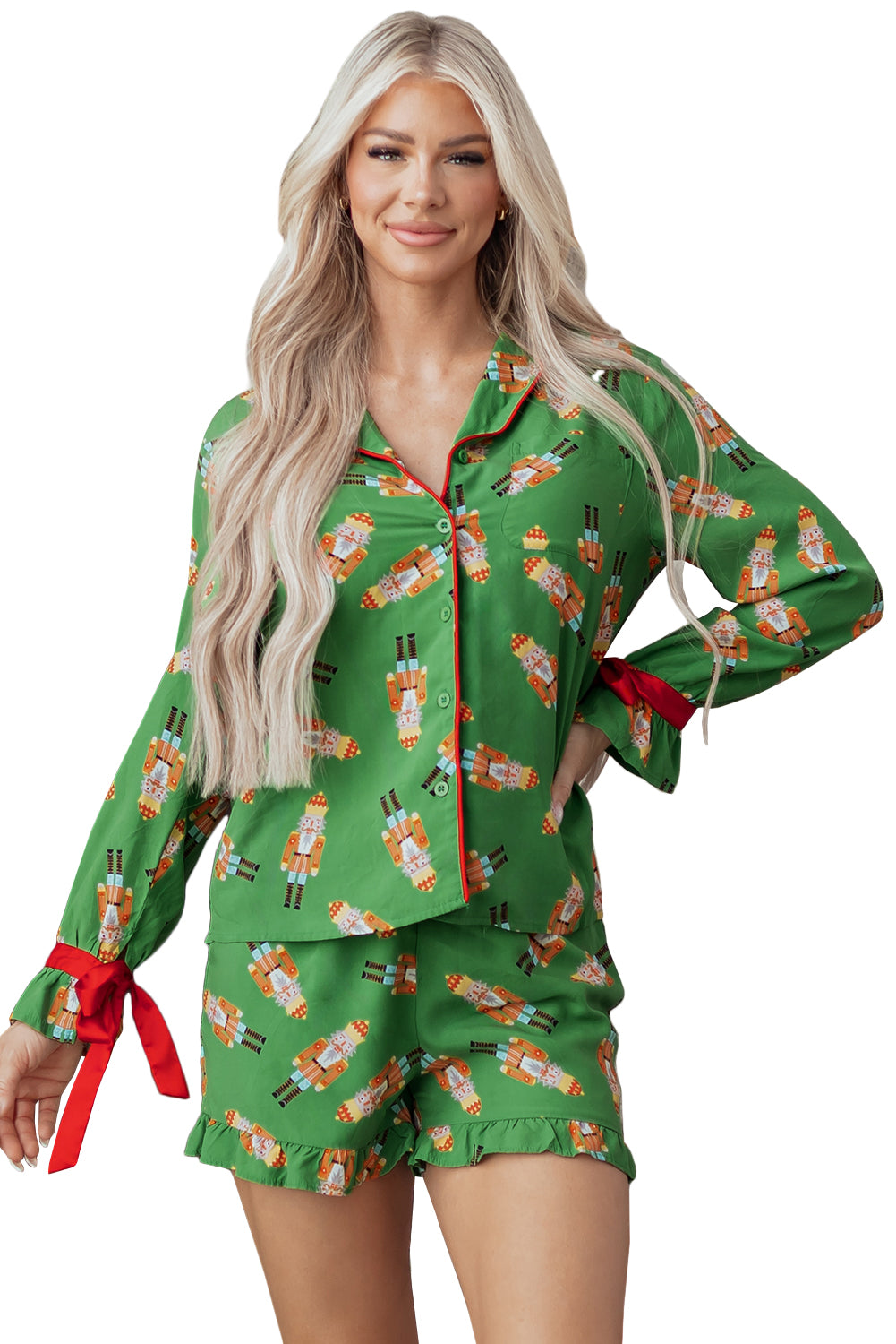 KaleaBoutique Stylish Christmas Candy Contrast Trim Bow Knot Silky 2pcs Pajama Set