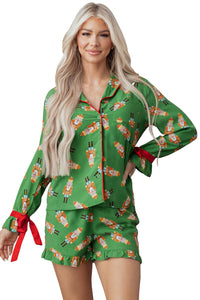 KaleaBoutique Stylish Christmas Candy Contrast Trim Bow Knot Silky 2pcs Pajama Set