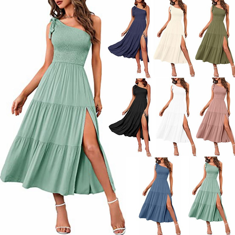 New Summer Fashion Women's One-shoulder Pleated Layered Hem Split Dress - KaleaBoutique.com