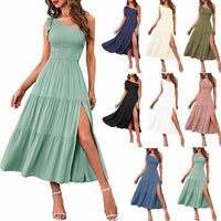 New Summer Fashion Women's One-shoulder Pleated Layered Hem Split Dress - KaleaBoutique.com