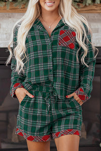 KaleaBoutique Comfortable Plaid Contrast Patched Christmas Holiday Long Sleeve Shirt and Short 2pcs Pajama Set - KaleaBoutique.com