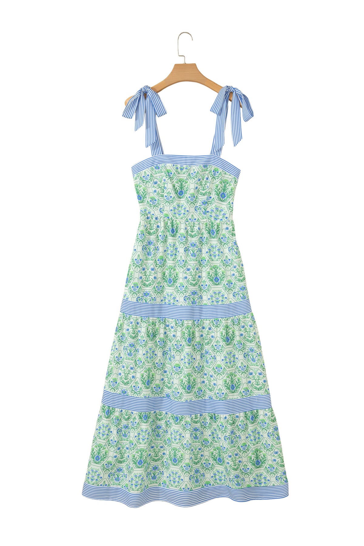 KaleaBoutique Stylish Geometric Floral Print Striped Patchwork Detail Sleeveless Dress（Runs Small ）