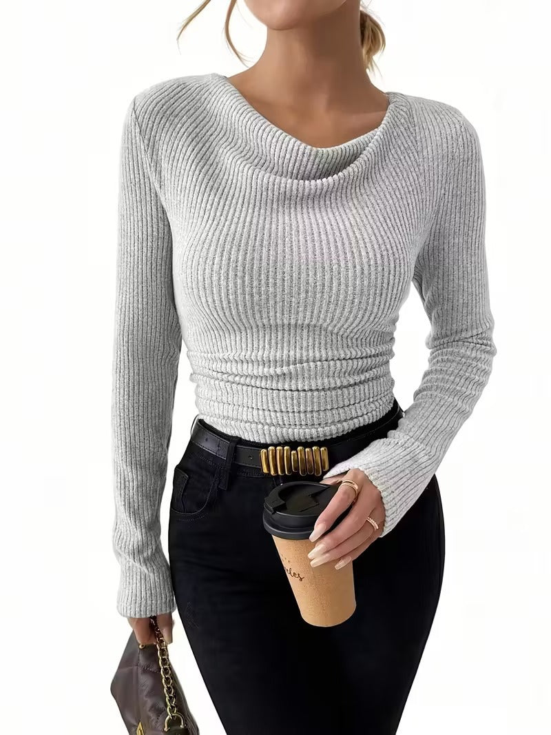 Women's Ribbed Cowl-Neck Long-Sleeve Pullover Sweater - KaleaBoutique.com