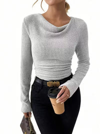 Women's Ribbed Cowl-Neck Long-Sleeve Pullover Sweater - KaleaBoutique.com