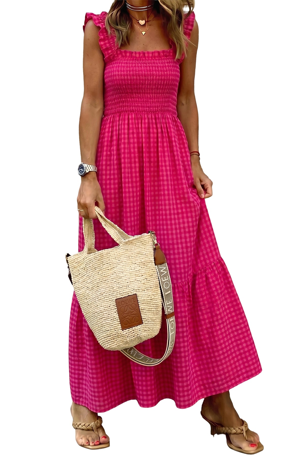 KaleaBoutique Comfortable Plaid Square Neck Fit-and-flared Vacation Sundress - KaleaBoutique.com
